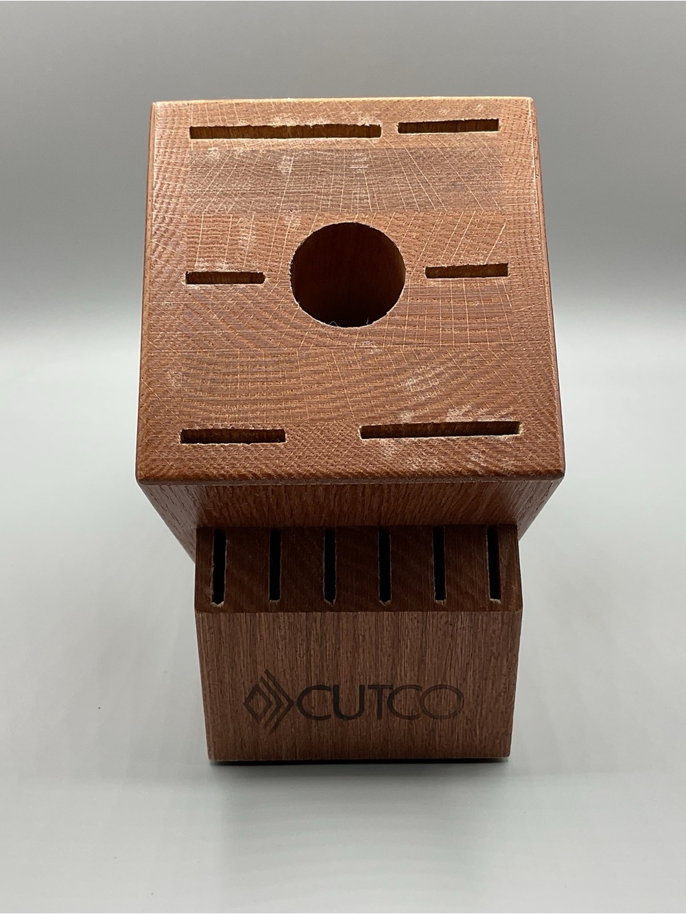 Cutco 13 Slot Solid Oak Knife Block Holds 12 Knives + Sharpener Hole Made in USA